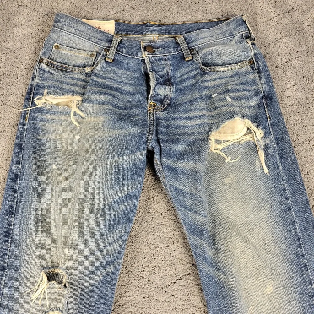 Hollister Jeans Mens 32x32 Blue Slim Straight Button Fly Distressed Mid Rise